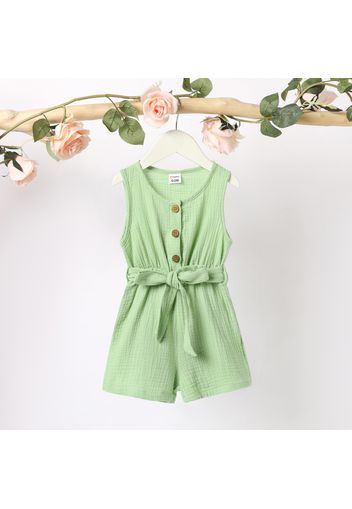 Toddler Girl 100% Cotton Solid Color Button Design Sleeveless Belted Romper Jumpsuit Shorts