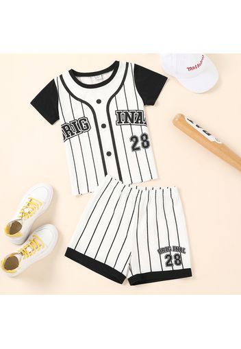 2-piece Kid Boy Letter Number Print Stripe Short-sleeve Tee and Elasticized Shorts Set