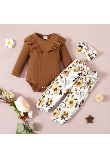 Ribbed 3pcs Floral Print Long-sleeve Purple Baby Set