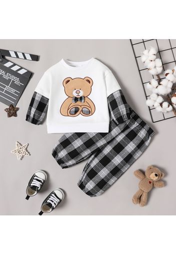 2pcs Baby Boy Faux-two Long-sleeve Bear Embroidered Sweatshirt and Plaid Sweatpants Set