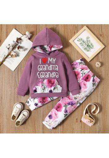 2-piece Toddler Girl Letter Floral Print Hoodie Sweatshirt and Pants Set