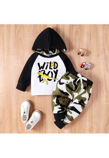 2pcs Baby Boy Dinosaur and Letter Print Long Raglan Sleeve Hoodie with Camouflage Trousers Set