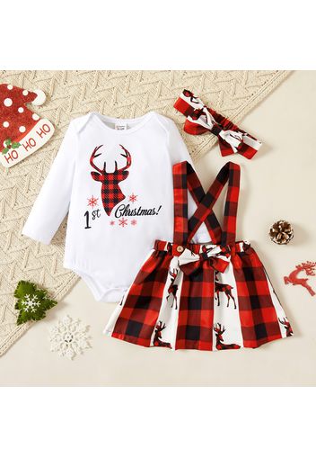 Christmas 3pcs Baby Girl Reindeer and Letter Print Long-sleeve Romper with Suspender Skirt Set