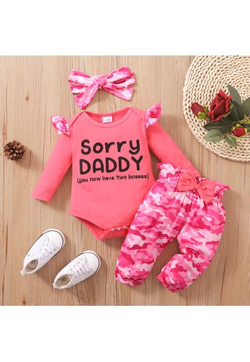 2pcs Baby Girl Letter Print Ruffle Long-sleeve Romper and Bowknot Camouflage Pants with Headband Set