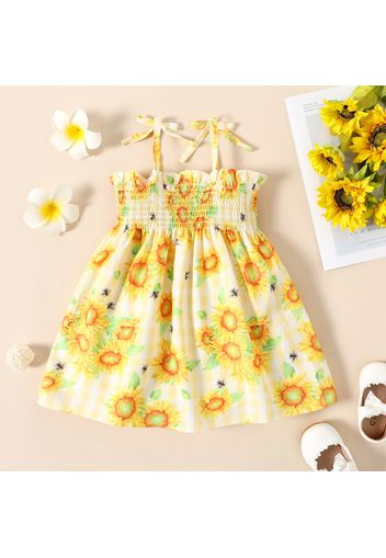 Baby Girl All Over Yellow Sunflower Print Sleeveless Spaghetti Strap Shirred Dress