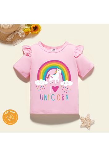 Toddler Girl Graphic Unicorn and Rainbow and Heart Print Ruffled Short-sleeve Tee