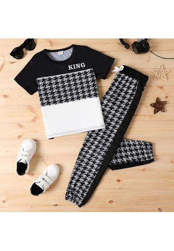 2pcs Kid Boy Letter Houndstooth Print Colorblock Short-sleeve Tee and Pants Set