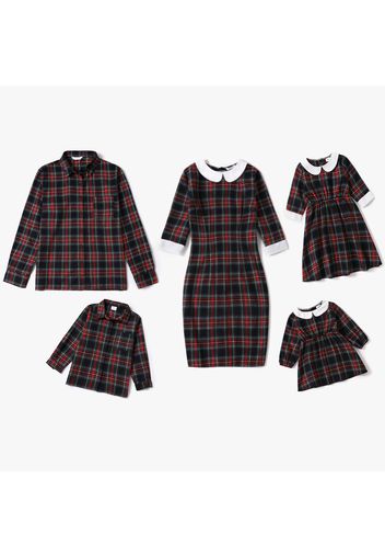 Family Matching Long-sleeve Plaid Button Down Dresses and Shirts Sets