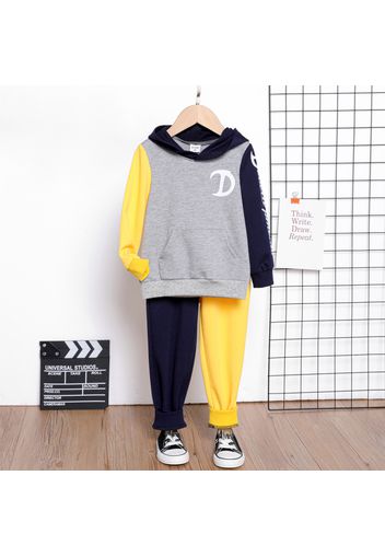 2pcs Toddler Boy Letter Print Colorblock Hooded Sweatshirt and Pants Set