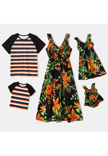 Family Matching Allover Floral Print Cross Wrap V Neck Ruffle Sleeveless Dresses and Striped Raglan-sleeve T-shirts Sets