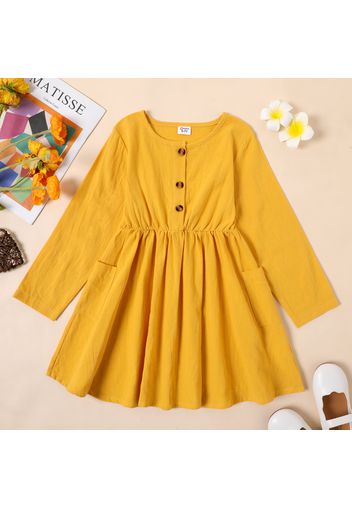 Kid Girl 100% Cotton Button Pocket Design Long-sleeve Solid Color Dress