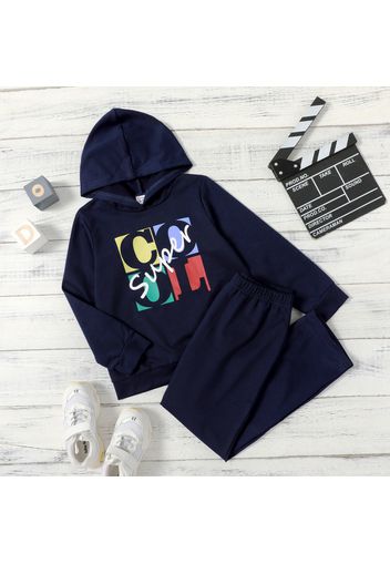 2-piece Kid Boy Letter Print Hoodie Sweatshirt and Blue Pants Set