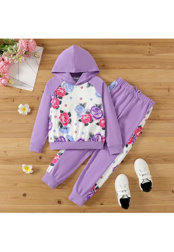 2pcs Kid Girl Floral Print Raglan Sleeve Hoodie Sweatshirt and Purple Pants Set