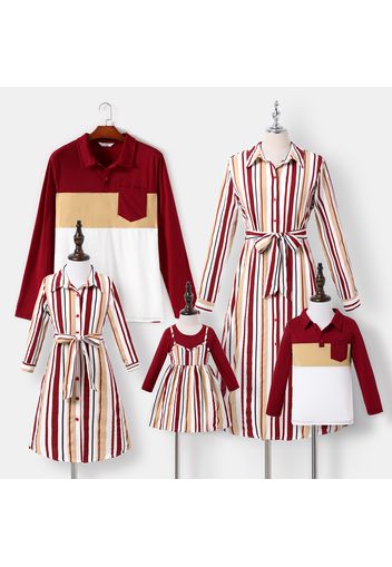 Family Matching Red Striped Lapel Belted Long-sleeve Shirt Dresses and Color Block Polo Shirts Sets