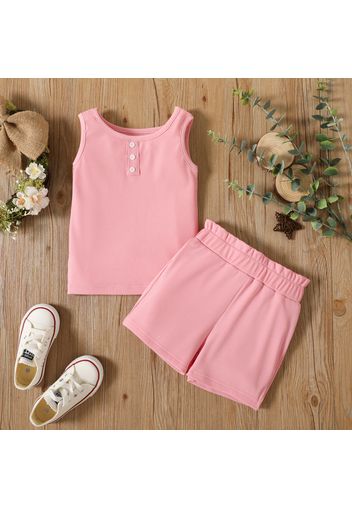 2-piece Toddler Girl Solid Color Button Design Tank Top and Elasticized Paperbag Shorts Set