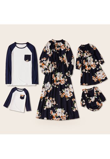 Floral Print Dark Blue Long-sleeve Family Matching Sets（Midi Dresses and Raglan-sleeve T-shirts）