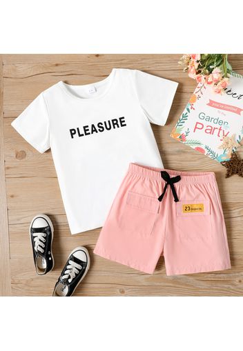 2pcs Kid Girl Letter Print Short-sleeve Tee and Pocket Design Shorts Set