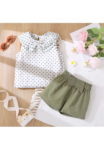 2-piece Toddler Girl Polka dots Statement Collar Sleeveless Tee and Bowknot Design Paperbag Shorts Set