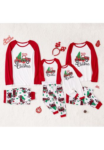 Christmas Tree Car and Letter Print Family Matching Red Raglan Long-sleeve Pajamas Sets (Flame Resistant)