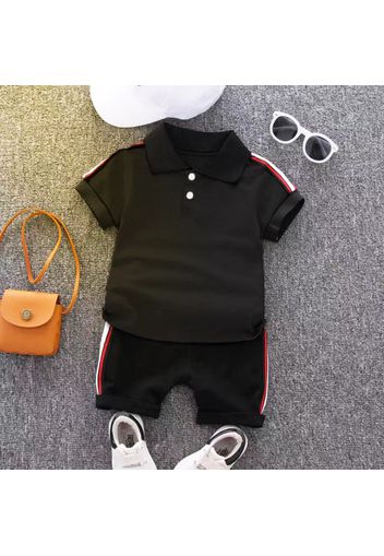 2pcs Toddler Boy Casual Colorblock Striped Polo Shirt and Shorts Set