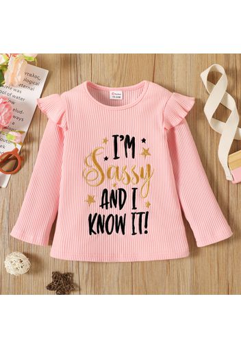 Toddler Girl Letter Stars Embroidered Ruffled Long-sleeve Ribbed Top