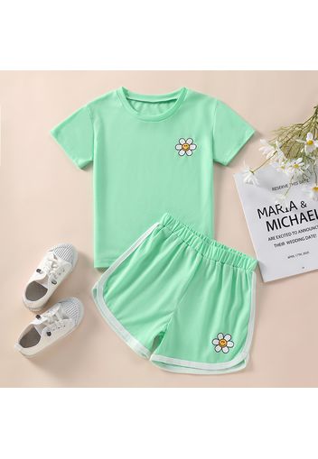 2-piece Kid Girl Floral Face Emojis Print Short-sleeve Tee and Elasticized Dolphin Shorts Set