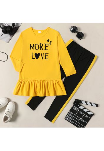 2-piece Kid Girl Letter Print Tie Dye/Yellow Ruffle Hem Long-sleeve Top and Pants Set