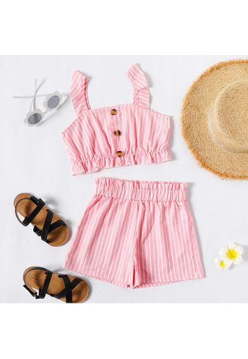 2-piece Kid Girl Solid Color Stripe Button Design Ruffled Cami and Shorts Set