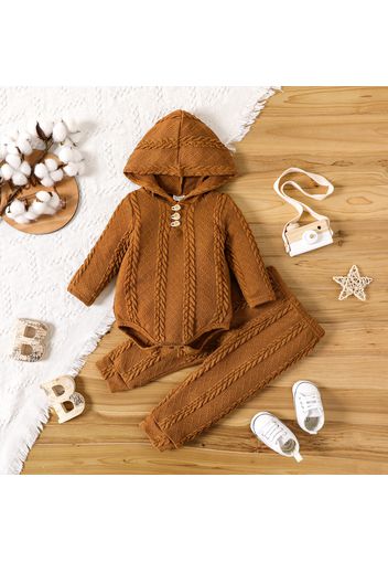 2pcs Baby Boy/Girl Solid Cable Knit Hooded Long-sleeve Romper and Pants Set