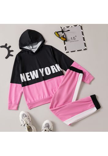 2-piece Kid Girl Letter Print Colorblock Hoodie and Elasticized Pants Set