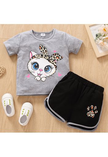 2-piece Toddler Girl Cute Cat Print Grey Tee and Leopard Print Paw Pattern Dolphin Shorts Set