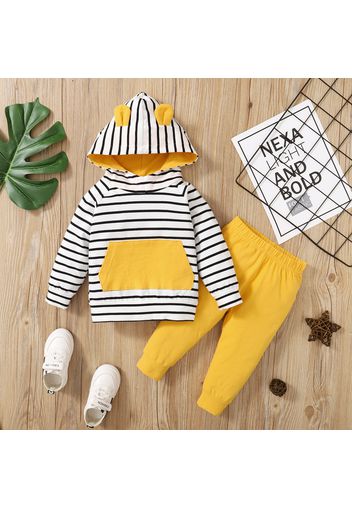 2pcs Baby 3D Ears Striped Cotton Long-sleeve Hoodie and Solid Trousers Set