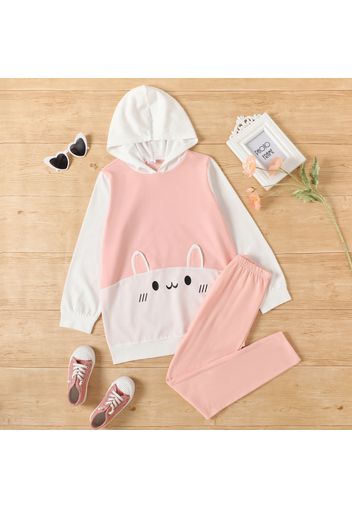 2-piece Kid Girl Vivid Animal Print Ear Decor Colorblock Hoodie and Solid Leggings Set