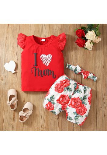 Mother's Day 3pcs Baby Girl Letter Love Heart Print Red Flutter-sleeve Top and Floral Print Shorts with Headband Set