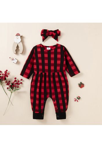 Baby Girl 2pcs Red Plaid Print Long-sleeve Jumpsuit and Headband Set
