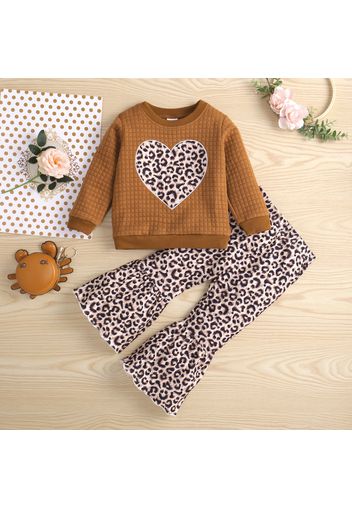 2-piece Toddler Girl Heart Leopard Print Textured Pullover and Flared Pants Set