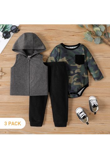 3-Pack Baby Boy 100% Cotton Long-sleeve Camouflage Romper and Hooded Vest with Pants Set