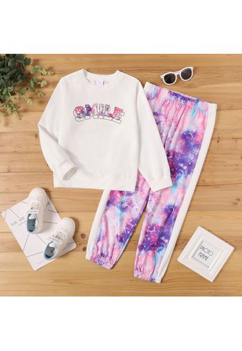 2-piece Kid Girl Letter Print White Sweatshirt and Space Print Pants Set