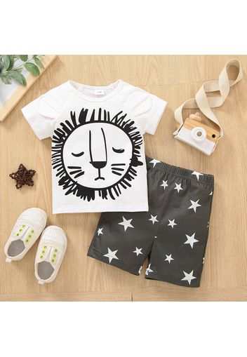 2pcs Baby Boy Cartoon Lion 3D Ears Short-sleeve T-shirt and All Over Star Print Shorts Set