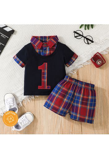 2pcs Baby Boy 100% Cotton Plaid Faux-two Short-sleeve Top and Shorts Set