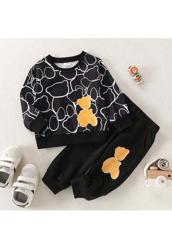 2pcs Baby Boy All Over Cartoon Bear Print Black Long-sleeve Pullover Sweatshirt and Pants Set