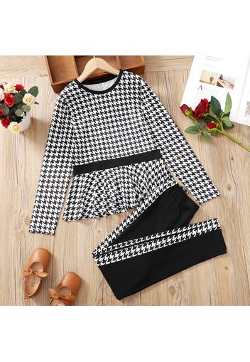 2-piece Kid Girl Houndstooth Peplum Long-sleeve Top and Pants Set