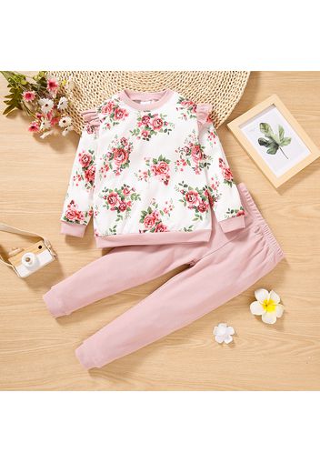 2-piece Toddler Girl Ruffled Floral Print Sweatshirt and Button Design Pants Set