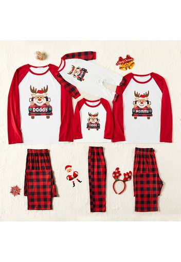 Christmas Cartoon Reindeer and Letter Print Red Family Matching Raglan Long-sleeve Plaid Pajamas Sets (Flame Resistant)