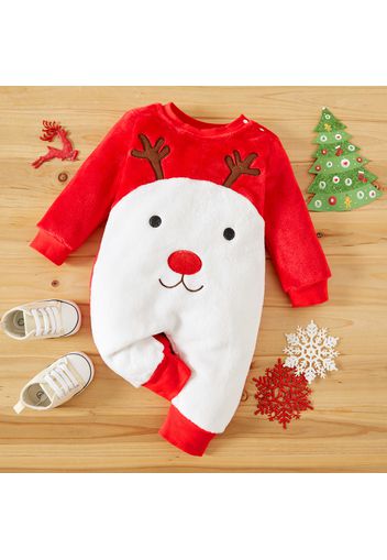 Red Christmas Cartoon Deer Long-sleeve Baby Fleece Jumpsuit