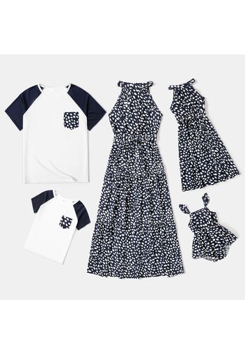 Family Matching All Over Dots Halter Neck Off Shoulder Sleeveless Dresses and Short Raglan-sleeve T-shirts Sets