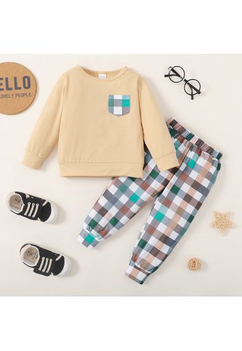 2-piece Toddler Boy Plaid Pocket Design Sweatshirt and Elasticized Pants Set