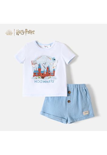 Harry Potter 2pcs Toddler Boy Letter Castle Print Short-sleeve White Tee and Blue Shorts Set