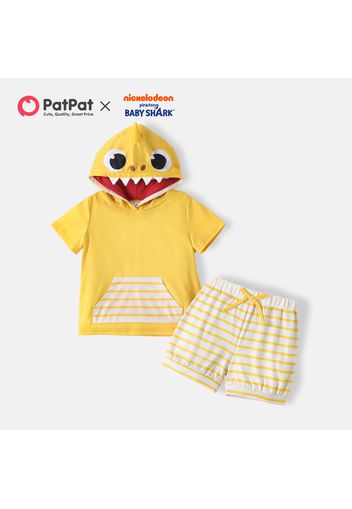 Baby Shark 2pcs Toddler Boy/Girl Striped Pocket Design Hooded Short-sleeve Yellow Tee and Bowknot Design Shorts Set