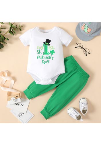 St. Patrick's Day 2pcs Baby Boy Four-leaf Clover and Letter Print Short-sleeve Romper with Solid Trousers Set